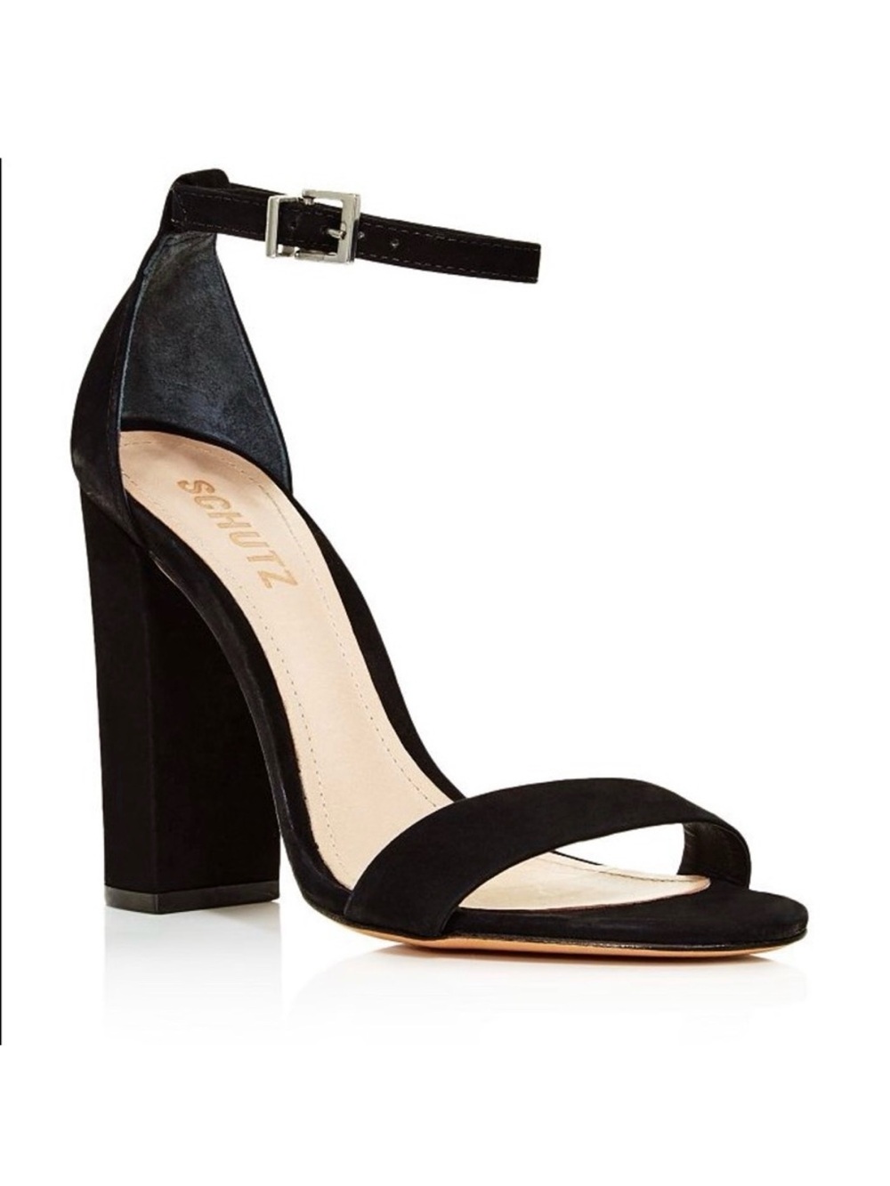 SCHUTZ Black Suede Block Heel Ankle-Strap Sandal